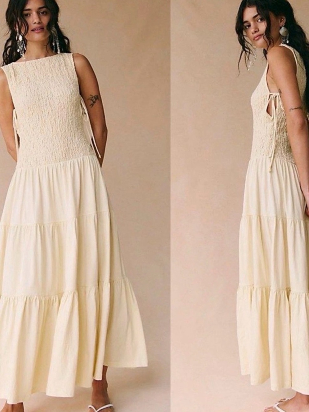 Free People Cream Smocked Tiered Maxi Dress